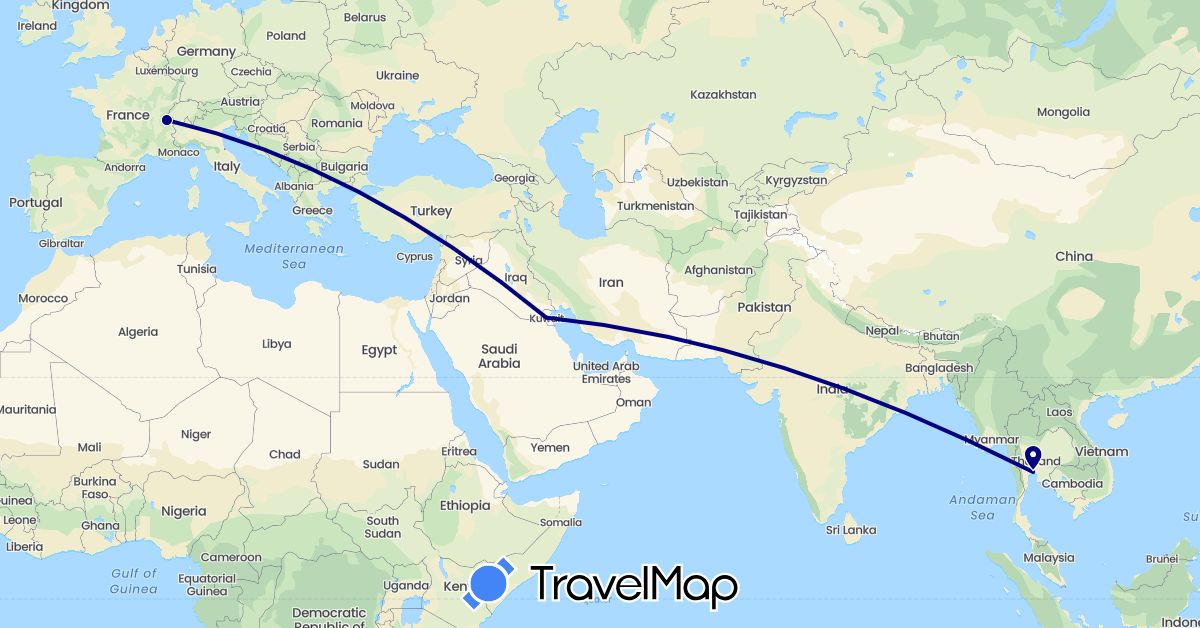 TravelMap itinerary: driving, plane in Switzerland, Kuwait, Thailand (Asia, Europe)